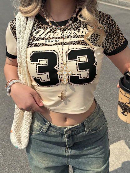 Women’s Numeric Print Crew Neck Cropped Tight Tee