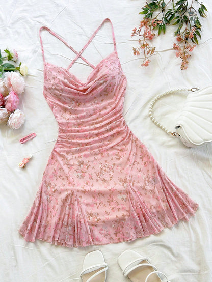 Pink Floral Mesh Ruched Mini Dress Sexy Backless Cami