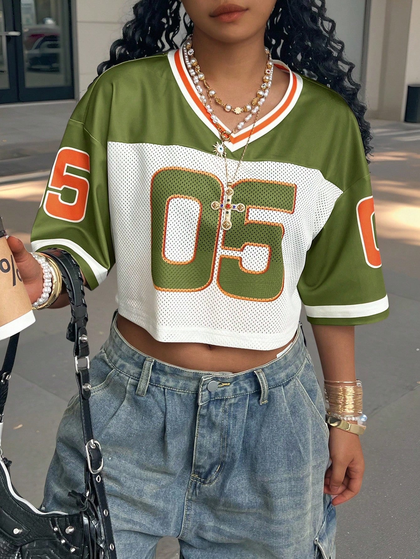 Women's Olive Green Cropped V-Neck Jersey Top