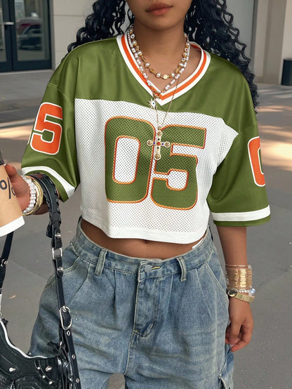 Women's Olive Green Cropped V-Neck Jersey Top