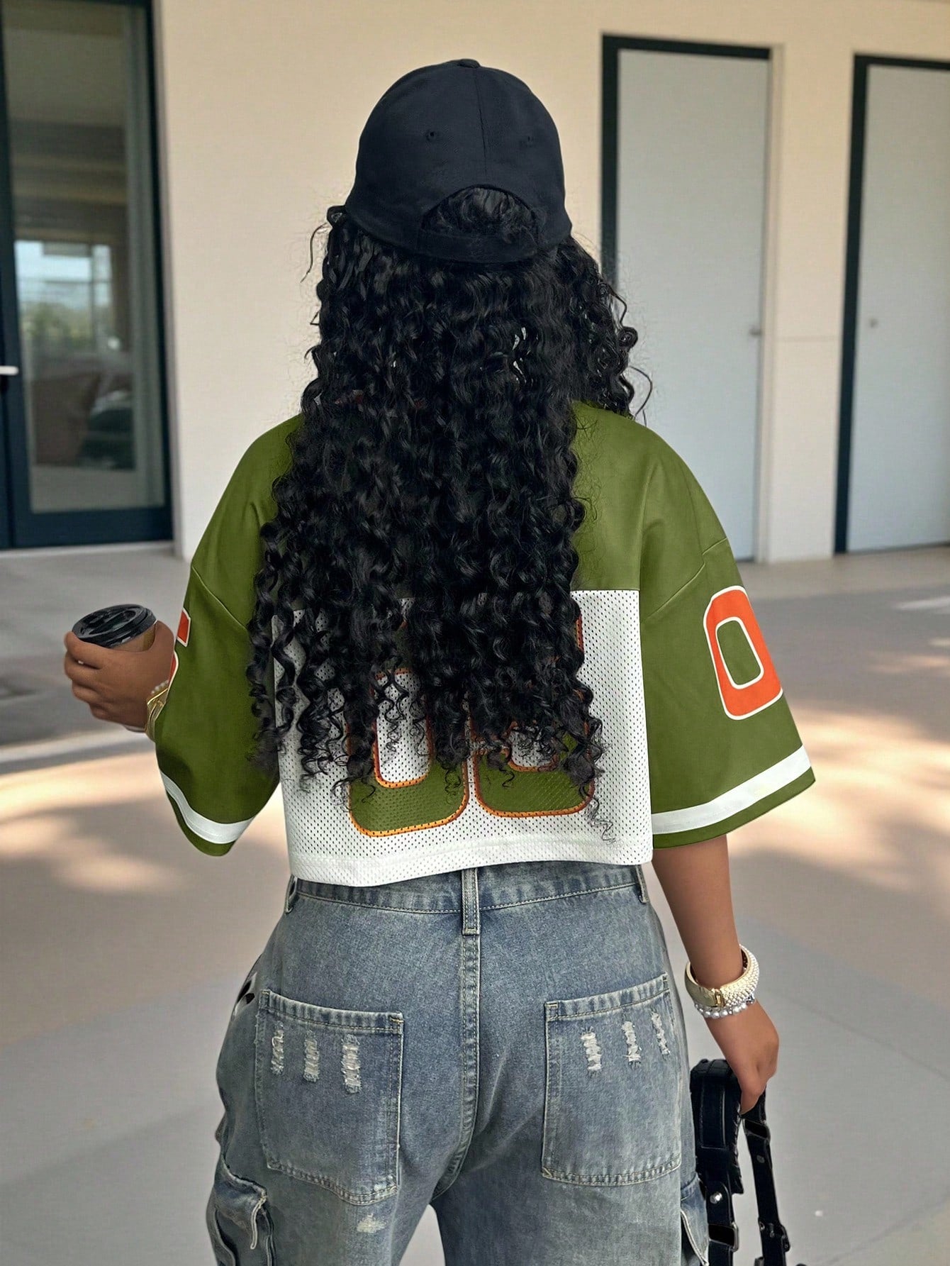 Women's Olive Green Cropped V-Neck Jersey Top