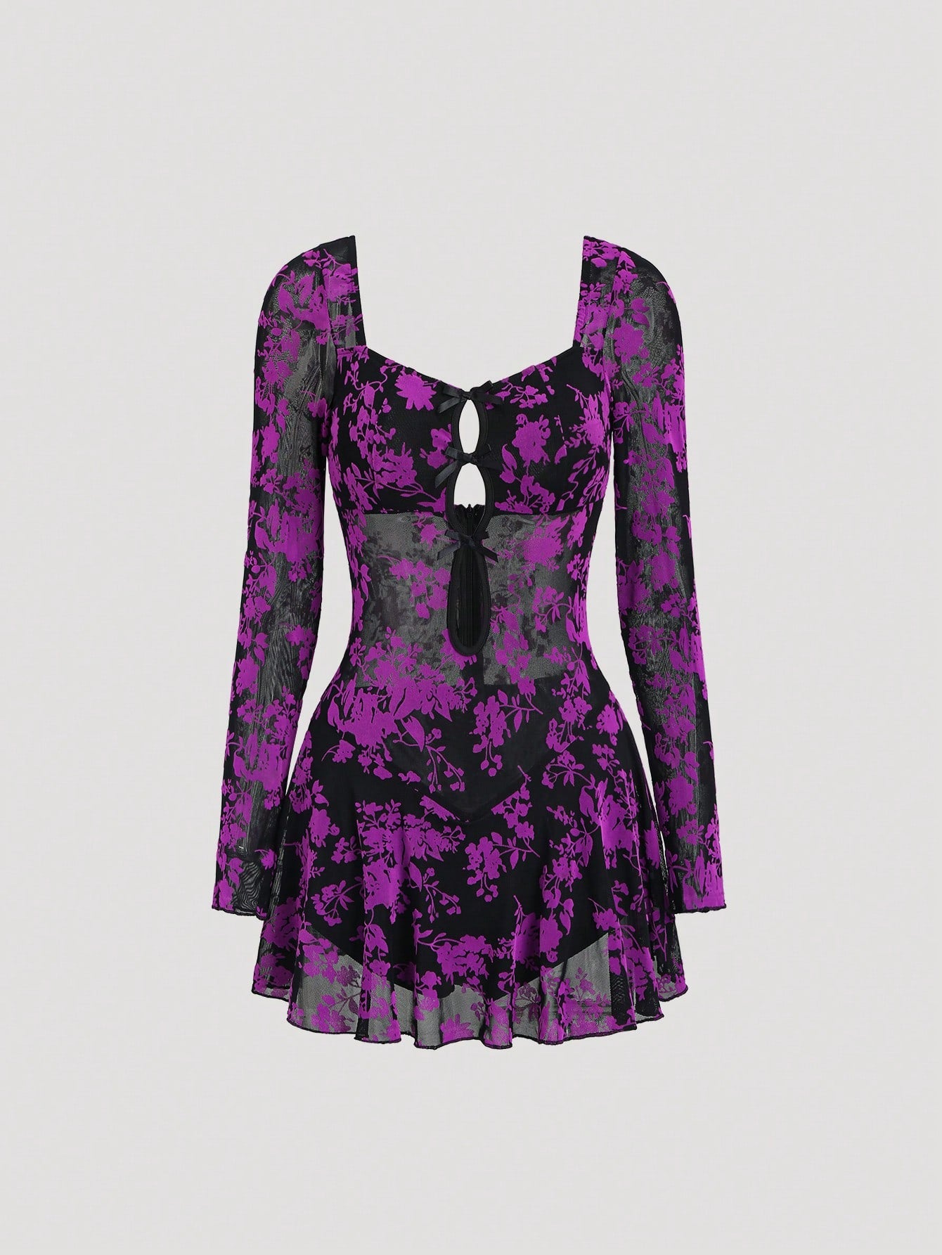 Sexy Black Flocked Mesh Mini Dress