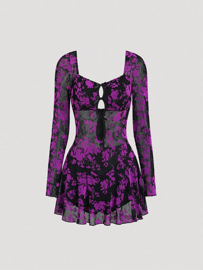 Sexy Black Flocked Mesh Mini Dress