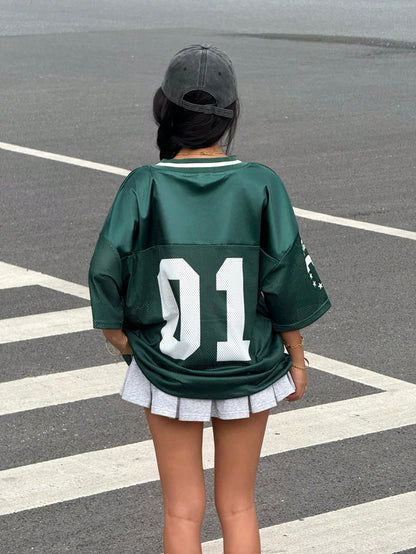 Muchica Sports Color-Block Loose V-Neck Short Sleeve Knitted Mesh Jersey