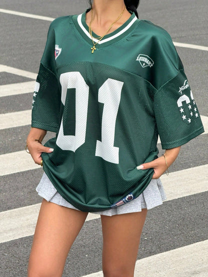 Muchica Sports Color-Block Loose V-Neck Short Sleeve Knitted Mesh Jersey