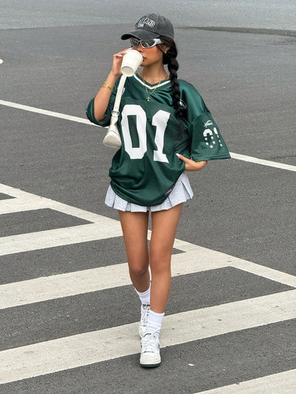 Muchica Sports Color-Block Loose V-Neck Short Sleeve Knitted Mesh Jersey