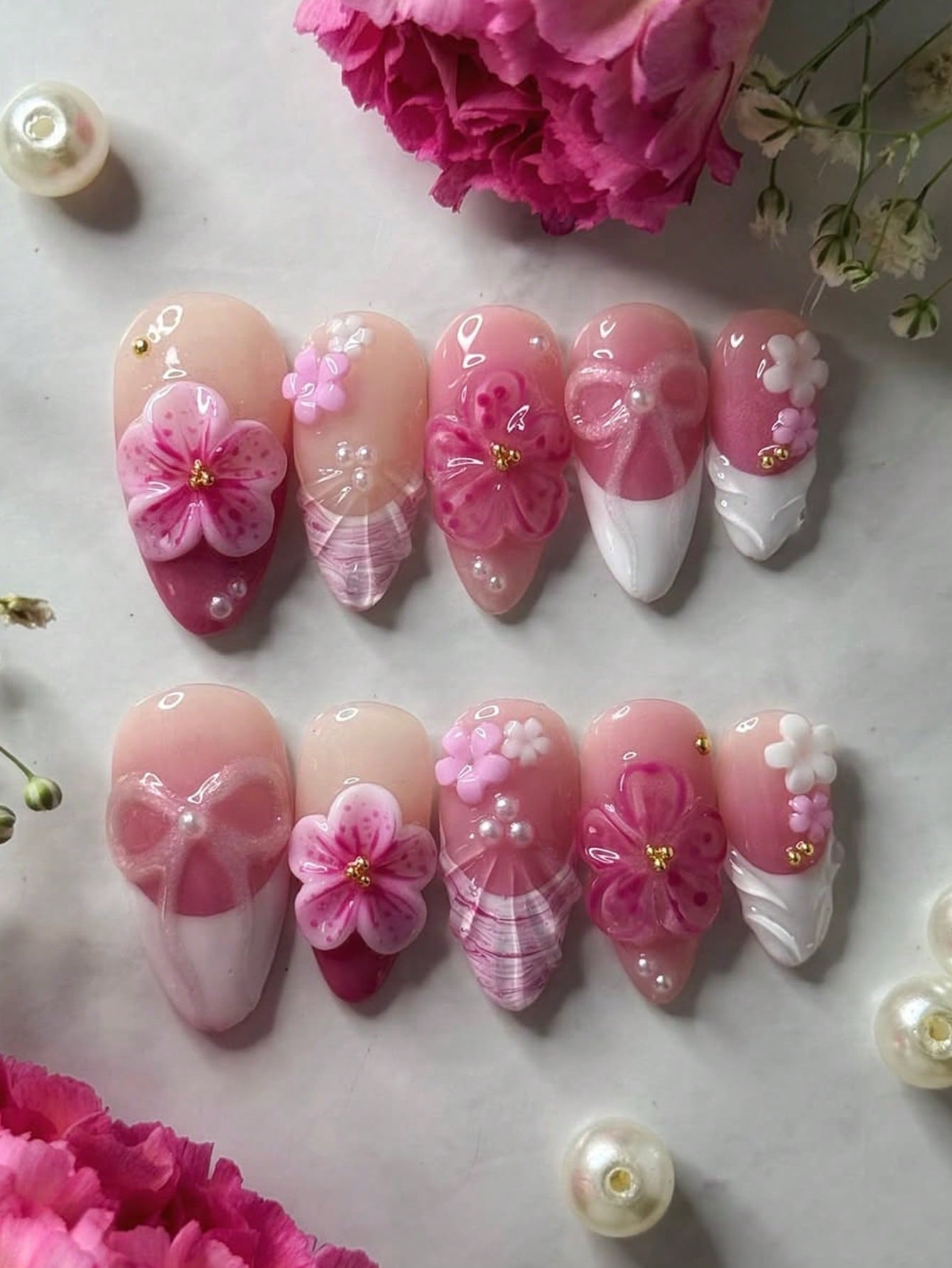 10pcs Handmade Black Ombre Floral Almond Press-On Nails
