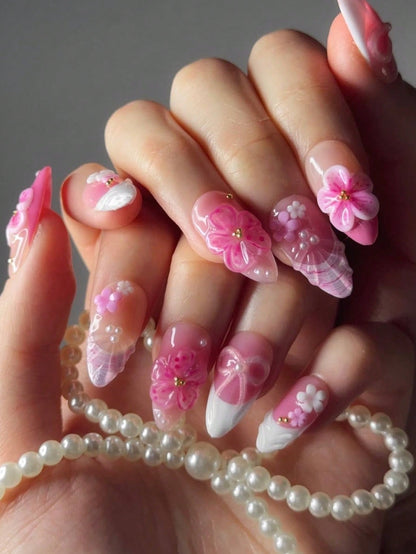 10pcs Handmade Black Ombre Floral Almond Press-On Nails