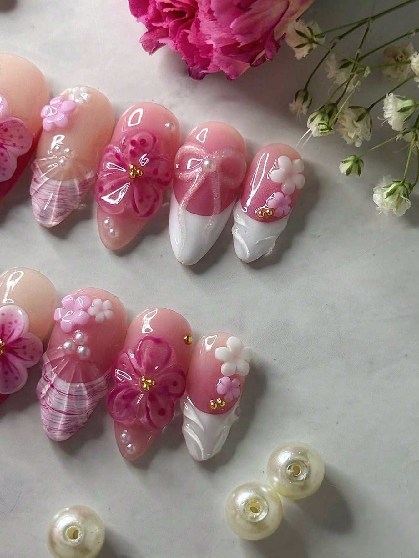 10pcs Handmade Black Ombre Floral Almond Press-On Nails