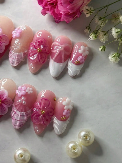 10pcs Handmade Black Ombre Floral Almond Press-On Nails