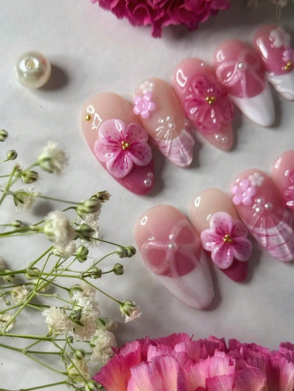 10pcs Handmade Black Ombre Floral Almond Press-On Nails