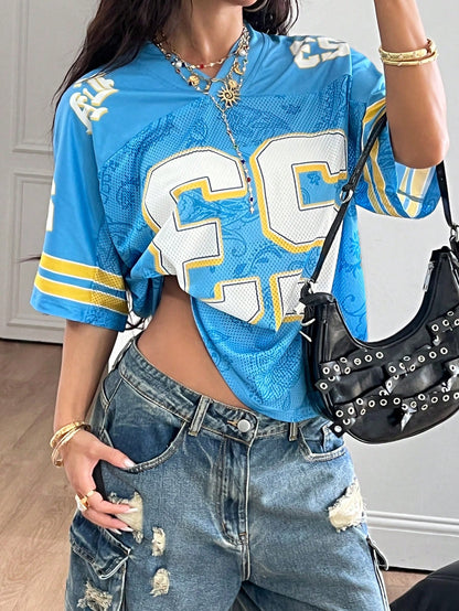 Oversized Blue and White Striped V-Neck Jersey