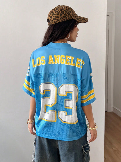 Oversized Blue and White Striped V-Neck Jersey