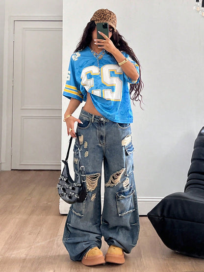 Oversized Blue and White Striped V-Neck Jersey