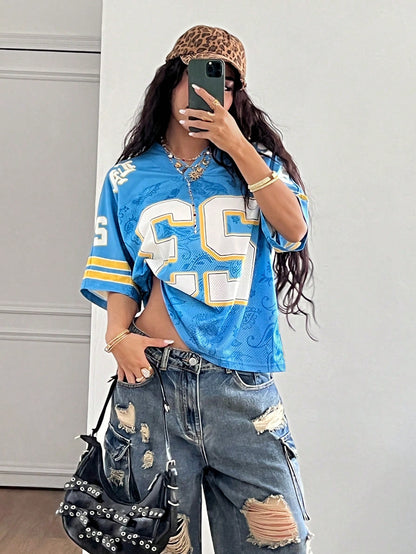 Oversized Blue and White Striped V-Neck Jersey