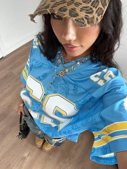 Oversized Blue and White Striped V-Neck Jersey