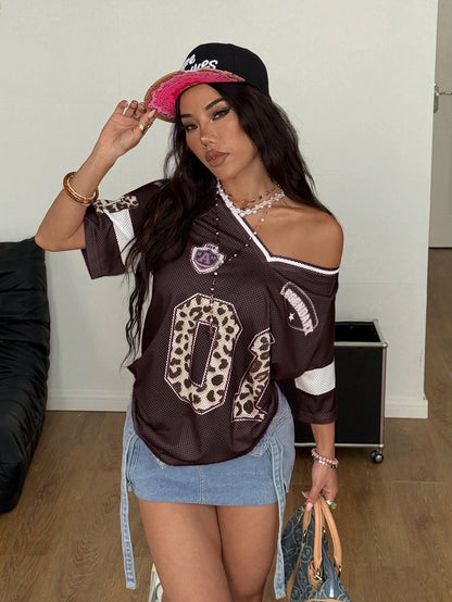 Y2K Brown Leopard & Number Graphic Football Jersey