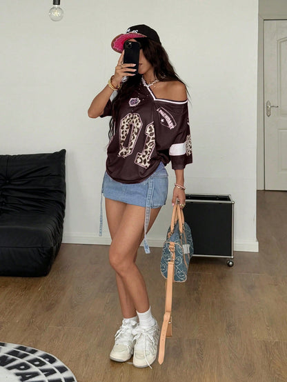 Y2K Brown Leopard & Number Graphic Football Jersey