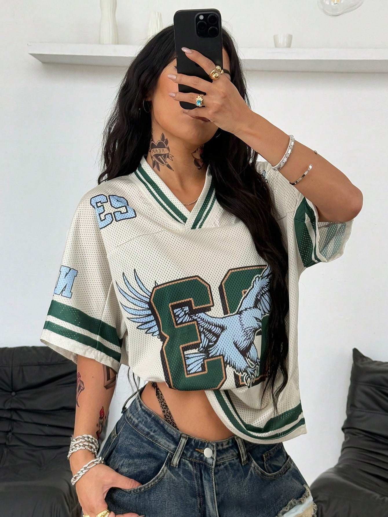 Women's Oversized V-Neck Colorblock Striped Football Jersey