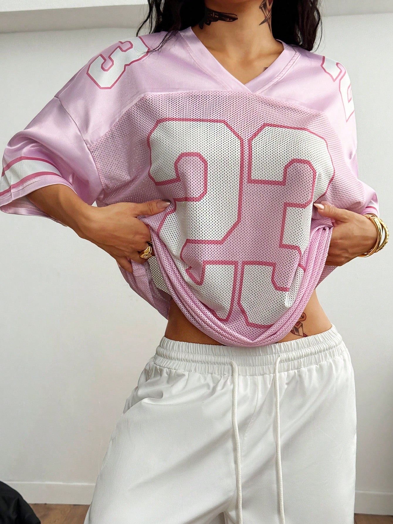 Oversized Pink Striped V-Neck Jersey