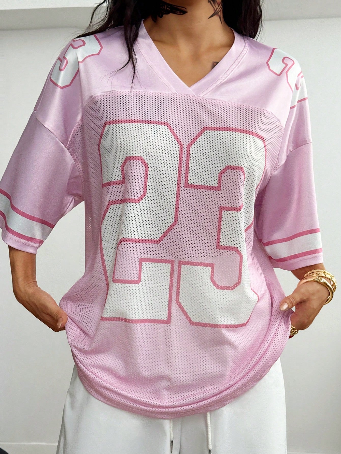 Oversized Pink Striped V-Neck Jersey