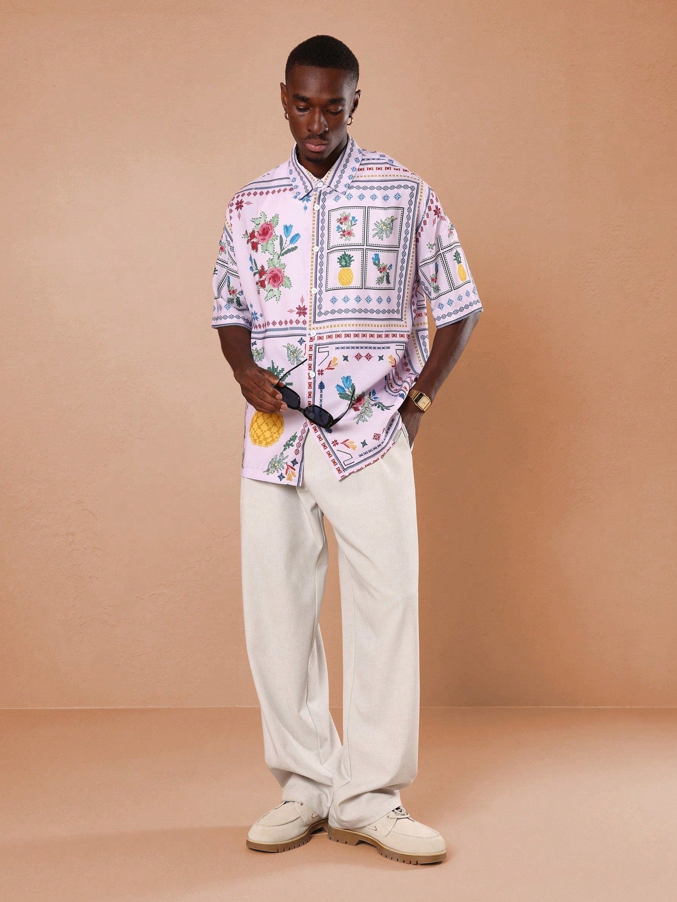Retro Pineapple Cross-Stitch Resort Shirt