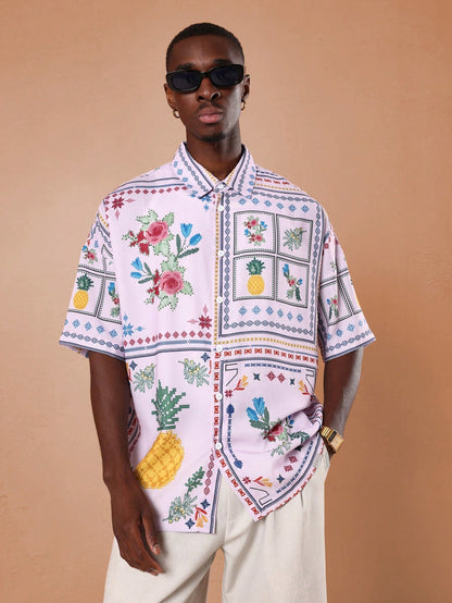 Retro Pineapple Cross-Stitch Resort Shirt