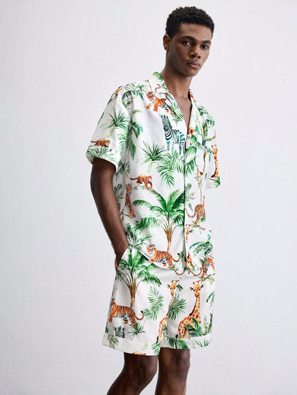 Men’s Hawaiian Palm Tree Print Shirt and Shorts Set