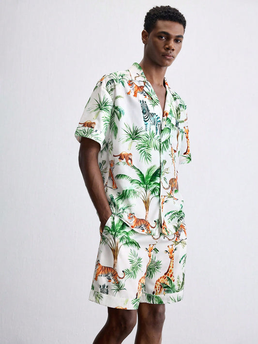 Men’s Hawaiian Palm Tree Print Shirt and Shorts Set