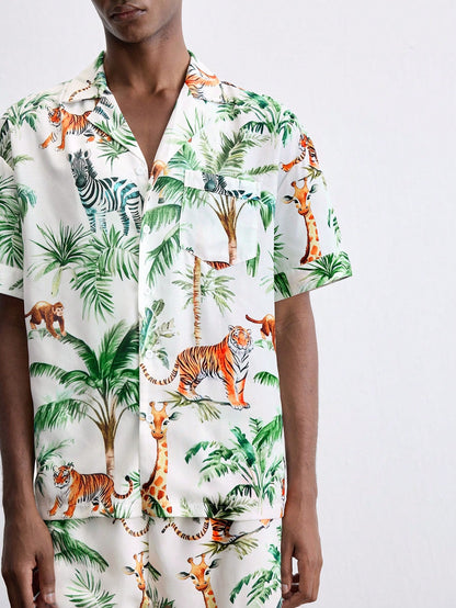 Men’s Hawaiian Palm Tree Print Shirt and Shorts Set