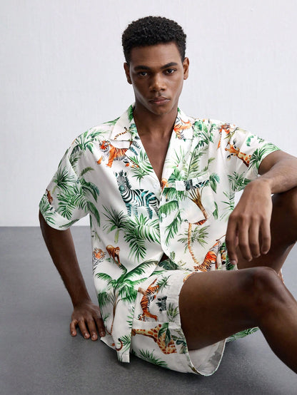 Men’s Hawaiian Palm Tree Print Shirt and Shorts Set