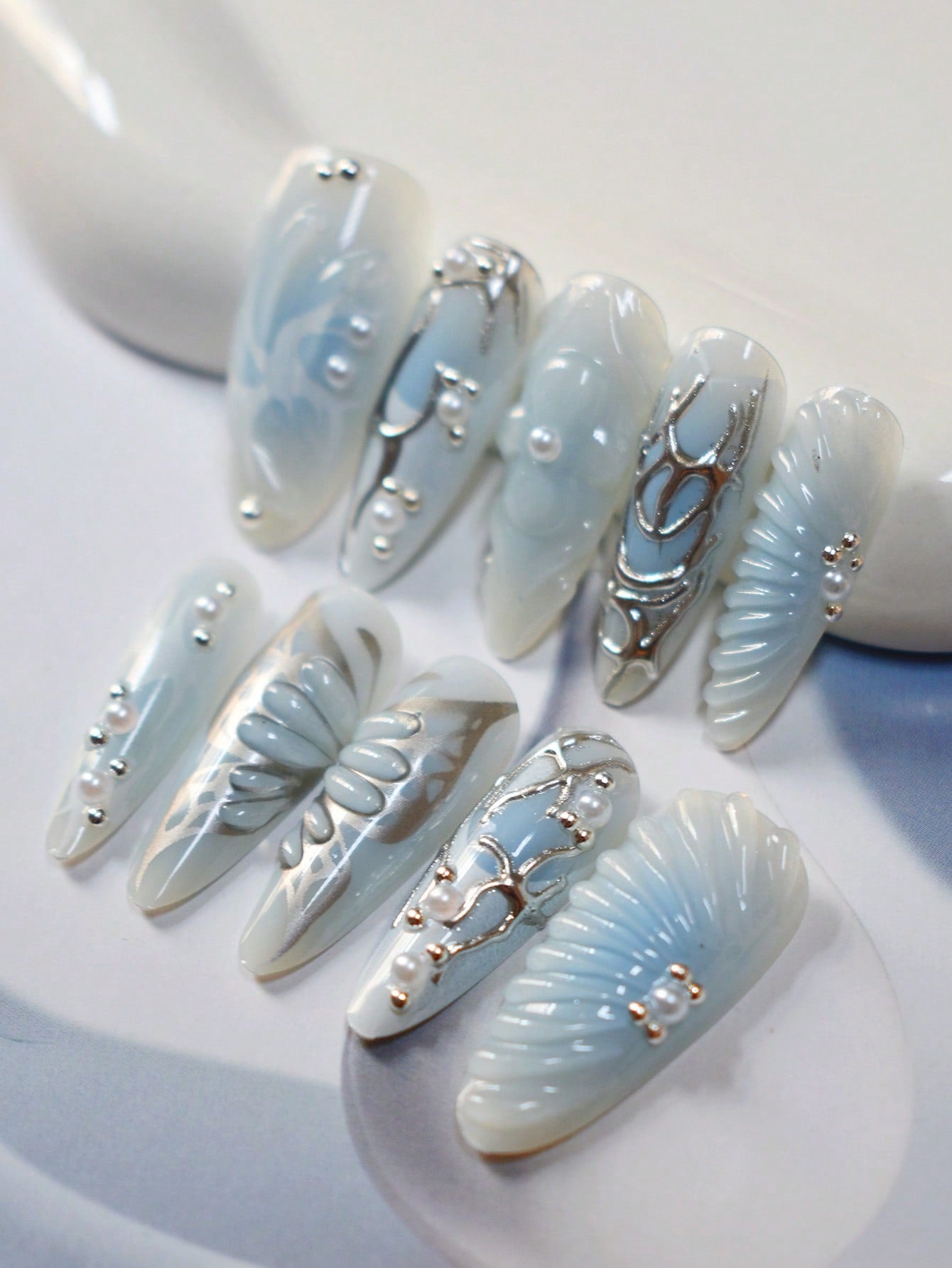Blue & White Ombre 3D Butterfly Almond Press-On Nails