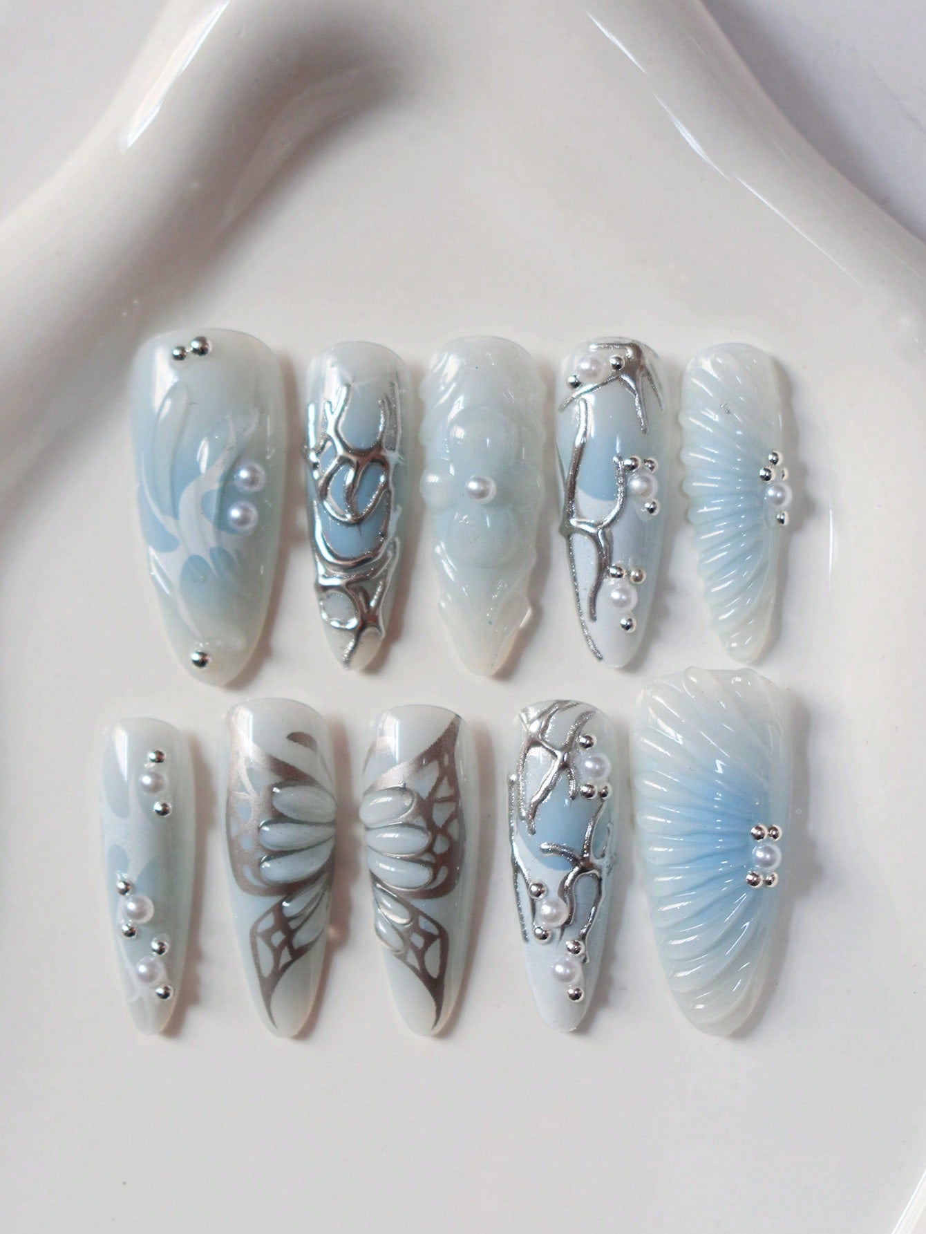 Blue & White Ombre 3D Butterfly Almond Press-On Nails