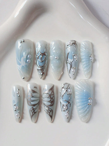 Blue & White Ombre 3D Butterfly Almond Press-On Nails