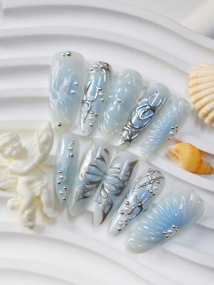 Blue & White Ombre 3D Butterfly Almond Press-On Nails