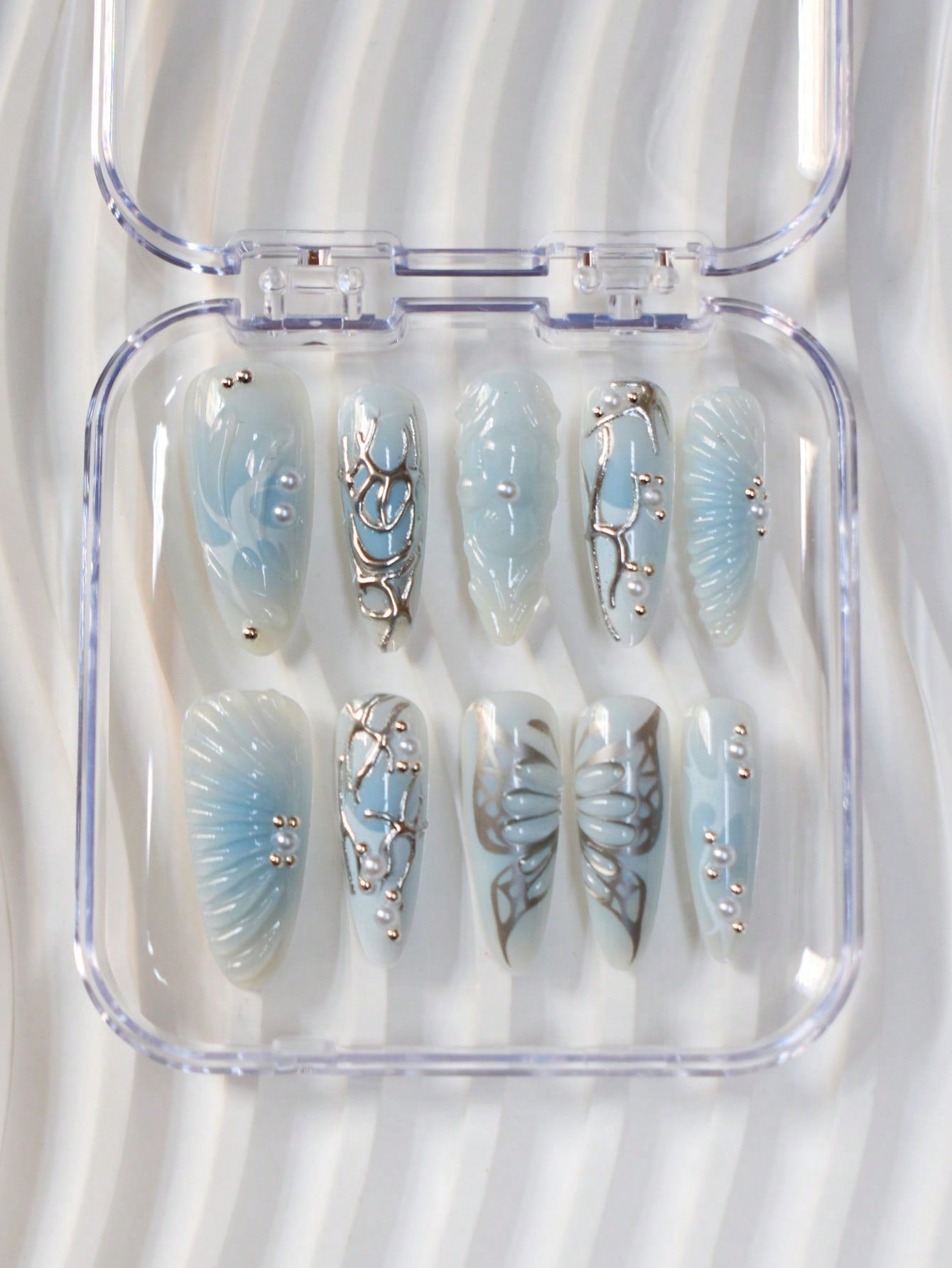 Blue & White Ombre 3D Butterfly Almond Press-On Nails