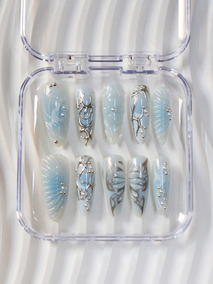 Blue & White Ombre 3D Butterfly Almond Press-On Nails