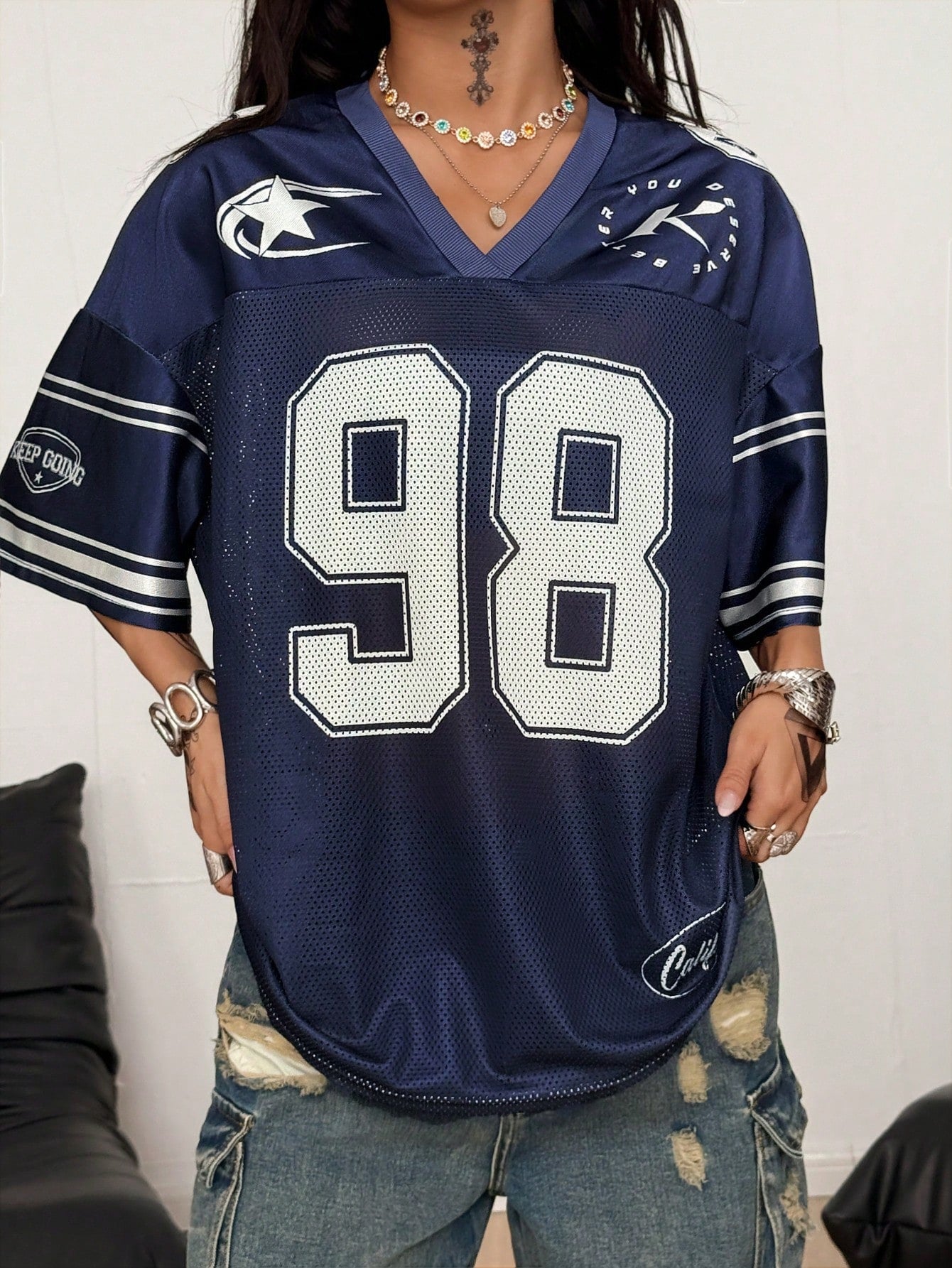 Women's Vintage Breathable Mesh Oversized V-Neck Jersey