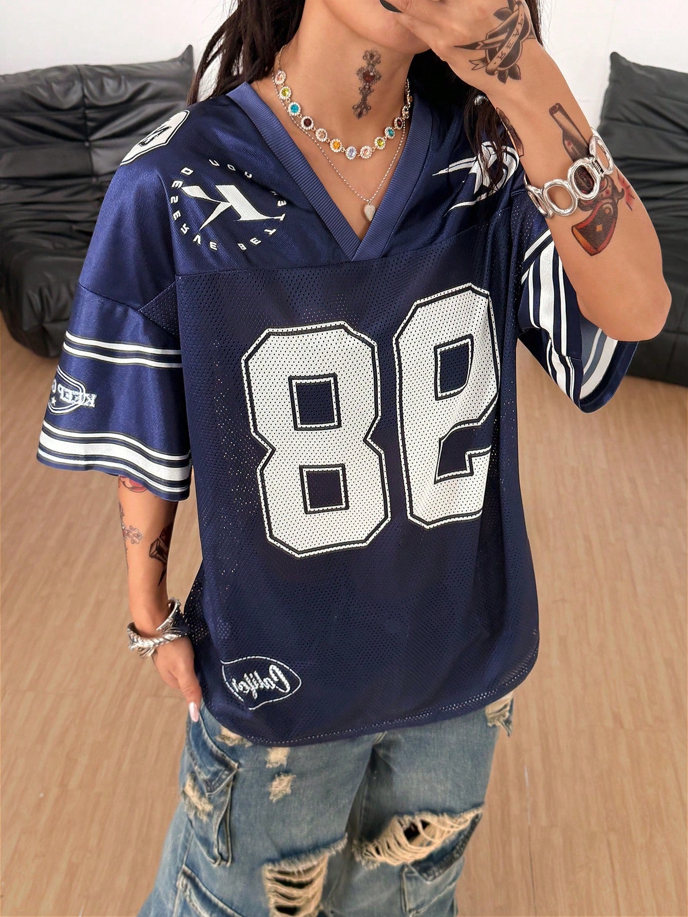 Women's Vintage Breathable Mesh Oversized V-Neck Jersey