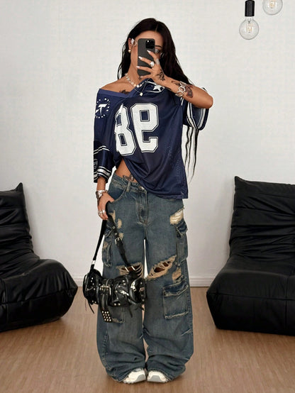 Women's Vintage Breathable Mesh Oversized V-Neck Jersey