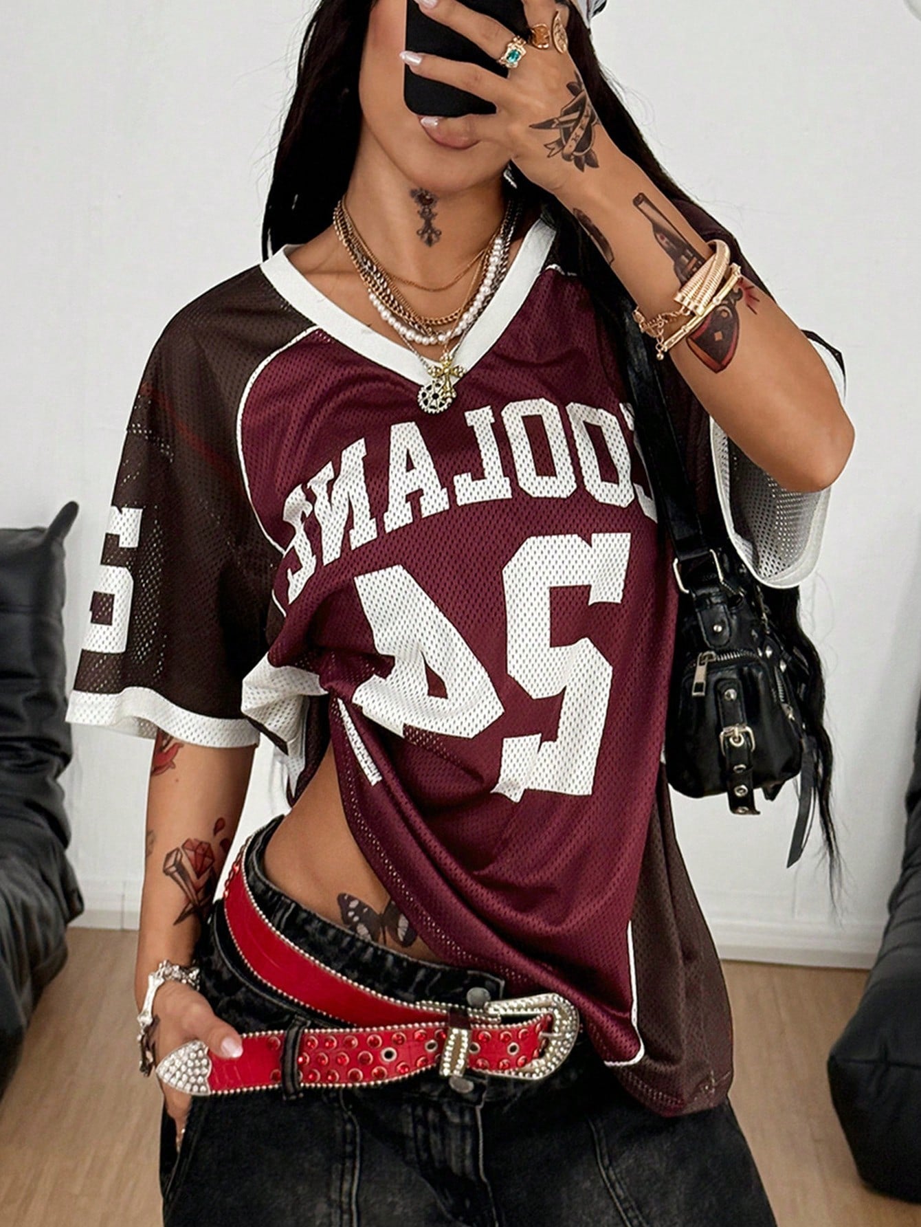 Coolane Women Summer Streetwear Going Out Sport V-Neck Baseball Football Red Jersey T-Shirt