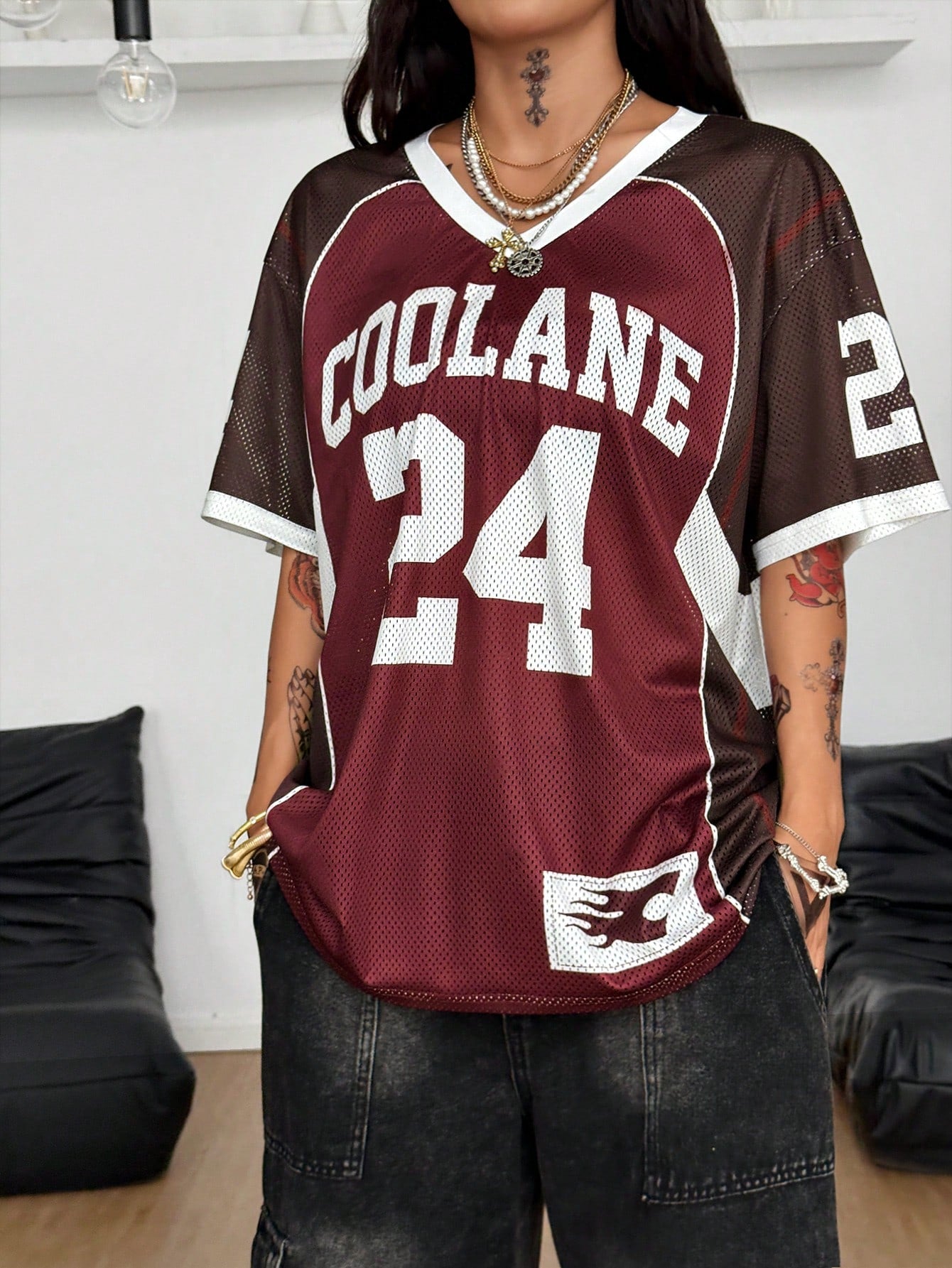 Coolane Women Summer Streetwear Going Out Sport V-Neck Baseball Football Red Jersey T-Shirt