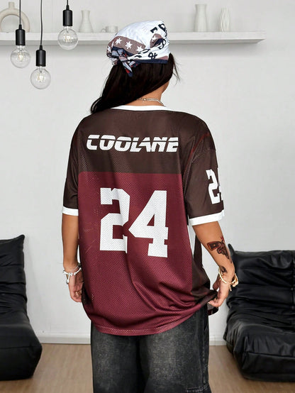 Coolane Women Summer Streetwear Going Out Sport V-Neck Baseball Football Red Jersey T-Shirt