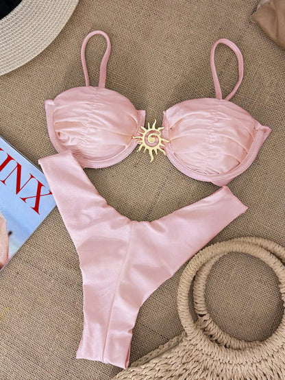 Metallic Jewelry Solid Color Bikini Swimsuit Set