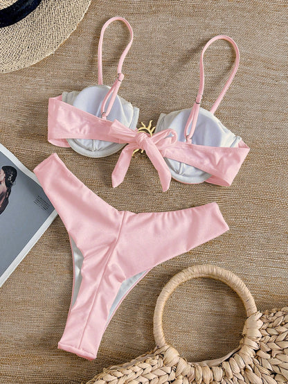 Metallic Jewelry Solid Color Bikini Swimsuit Set