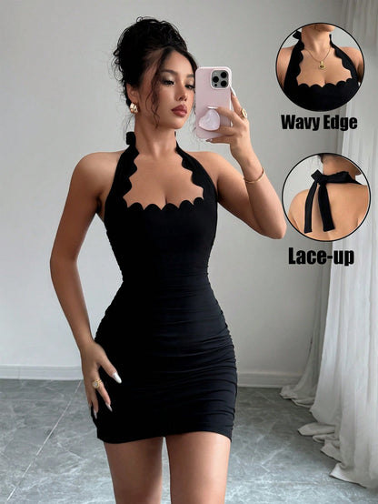 Black Scalloped Halter Neck Bodycon Mini Dress