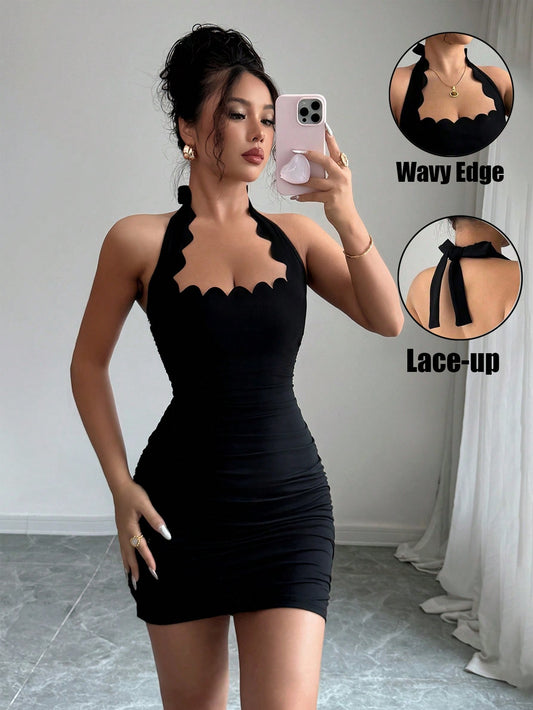 Black Scalloped Halter Neck Bodycon Mini Dress