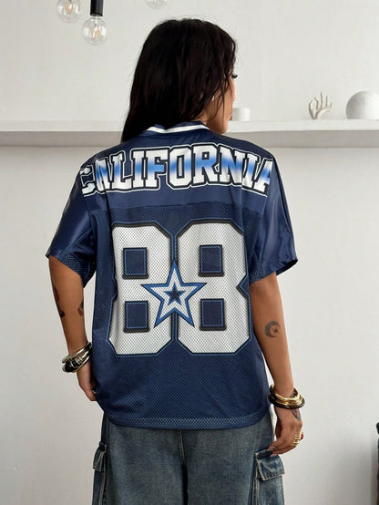 Women's Vintage Blue Oversized V-Neck Jersey