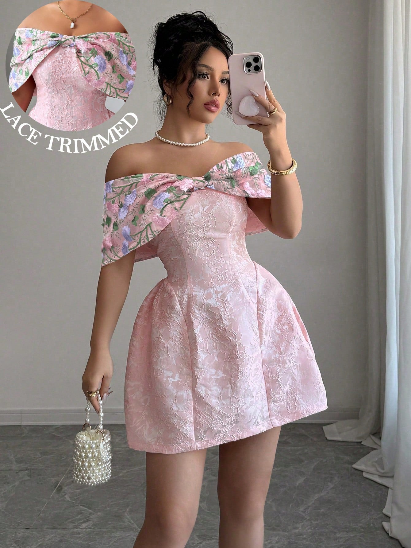 Pink Off-Shoulder Floral A-Line Mini Dress