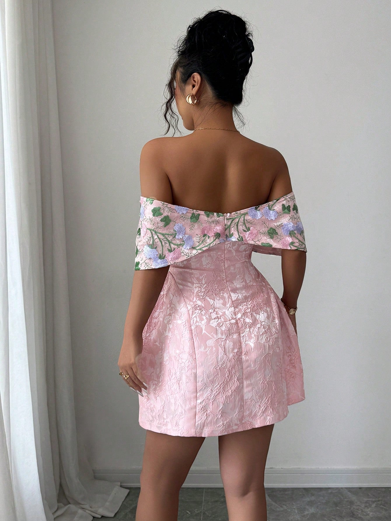 Pink Off-Shoulder Floral A-Line Mini Dress